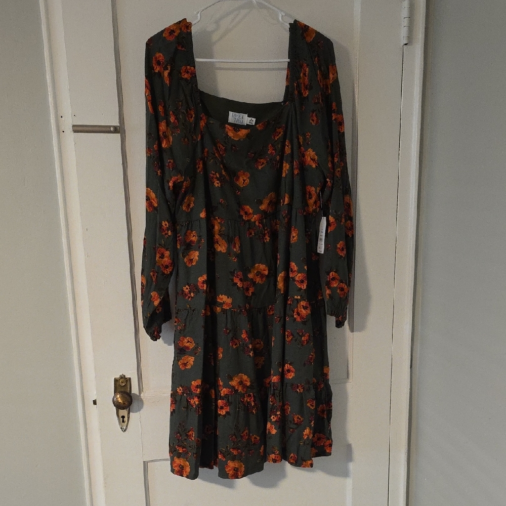Time and Tru Women's Square Neck Mini Dress With Long Sleeves And Pockets!